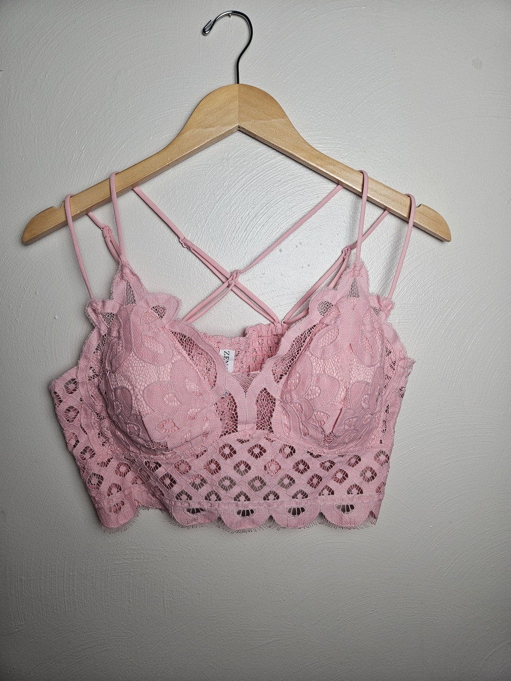 Zenana Outfitters Pink Lace Bralette with Strappy Back